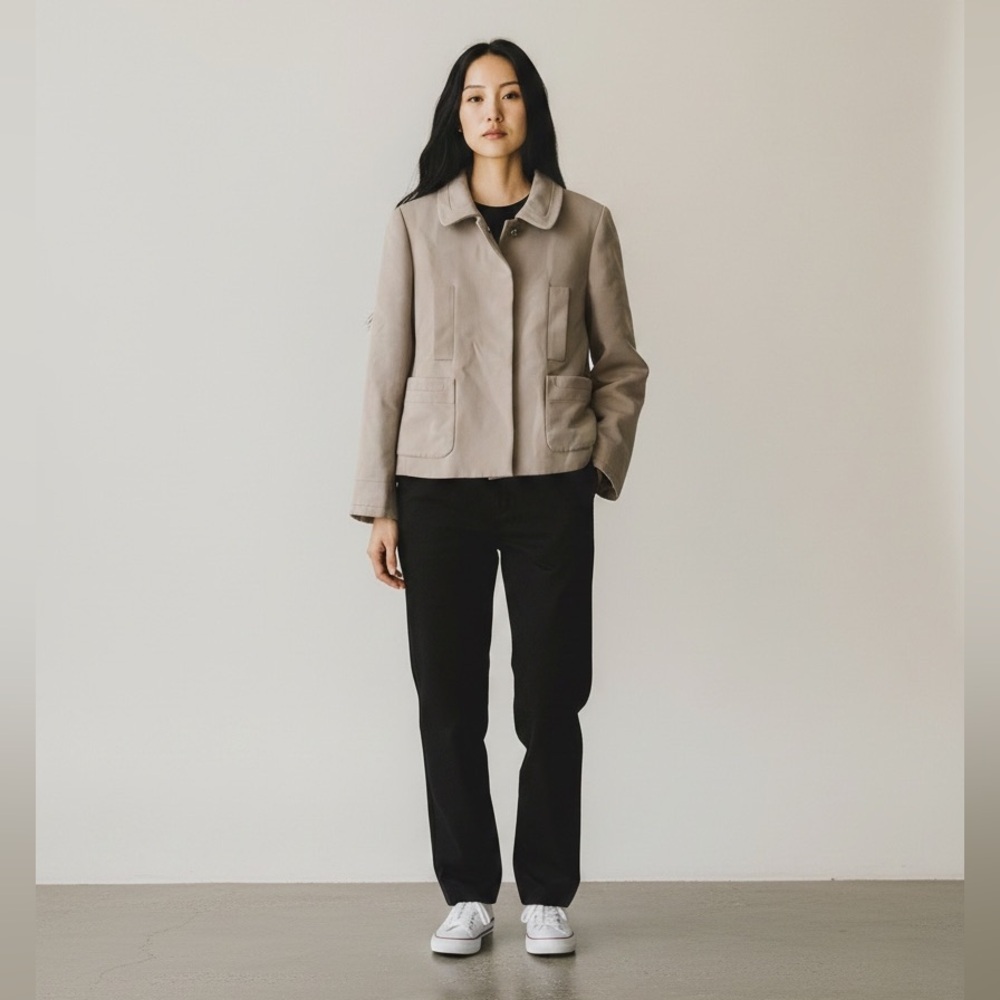 Ba&Sh Beige Taupe Cotton And Virgin Wool Boxy Fit Snap Button Coat Jacket View 4